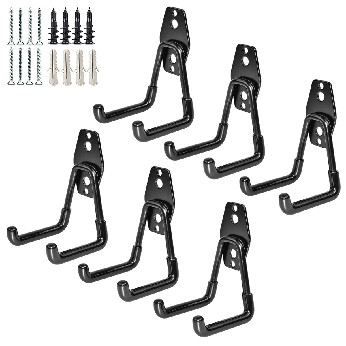 GeeWatom garage storage hooks on wall mount with 6-pack for tools and gear.
