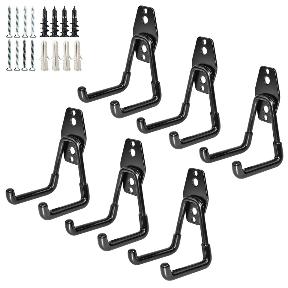 GeeWatom garage storage hooks on wall mount with 6-pack for tools and gear.