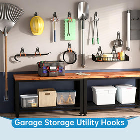 GeeWatom garden tool organizer hooks keep hoses and rakes neatly.