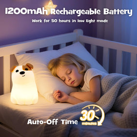 Gefaxi squishy puppy night light with rechargeable battery for cordless use.