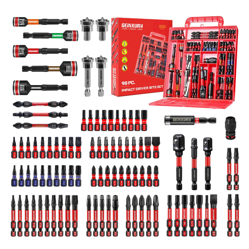 Geinxurn 98-piece impact bit set in a red case for organized, quick-ready projects.