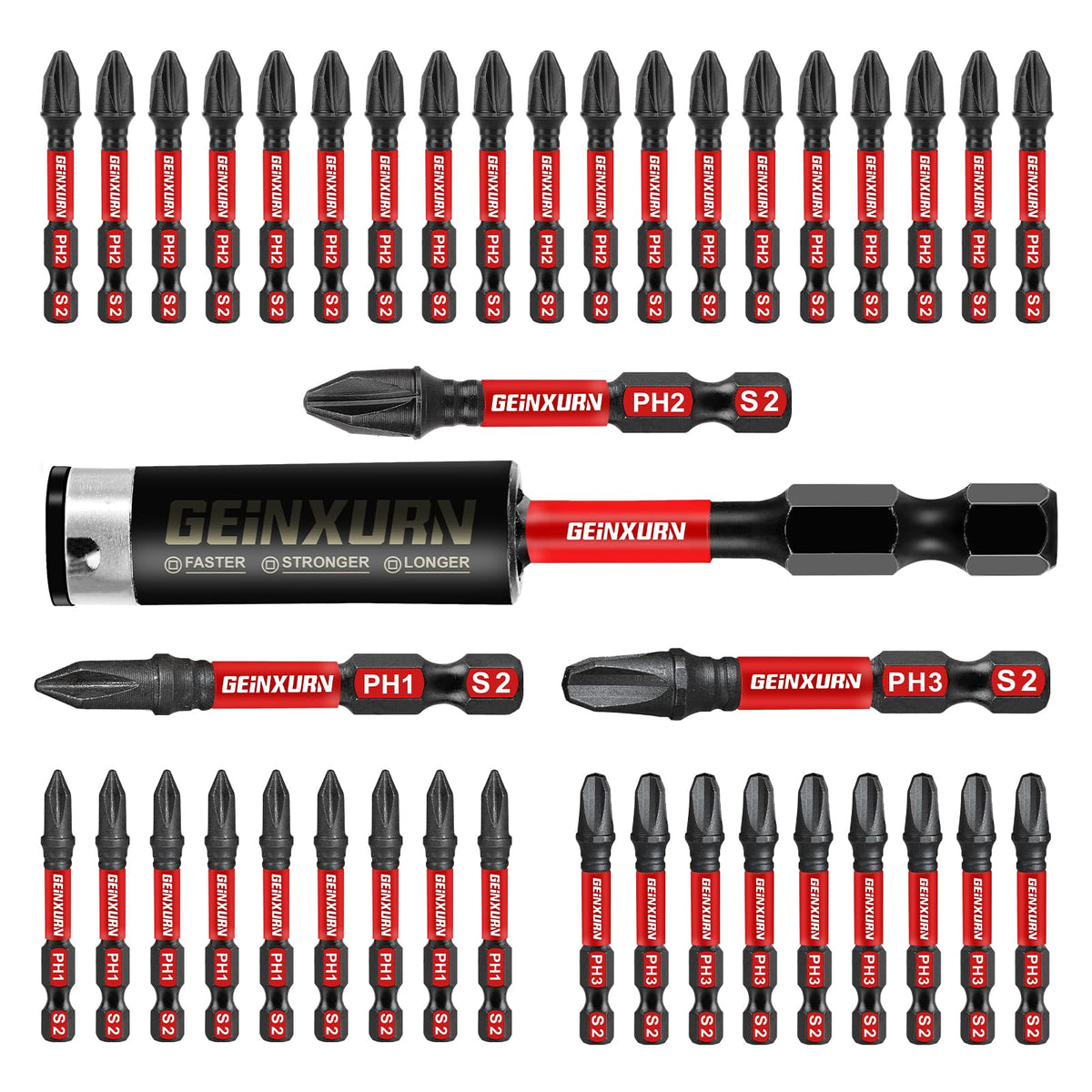 GEINXURN anti-slip hex impact bits collection for secure screw driving.