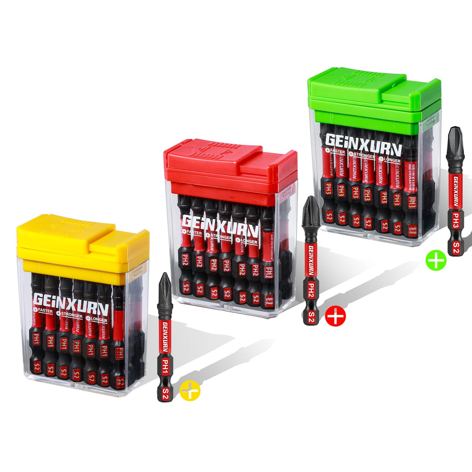 Geinxurn Phillips bits in a compact box for organized storage.