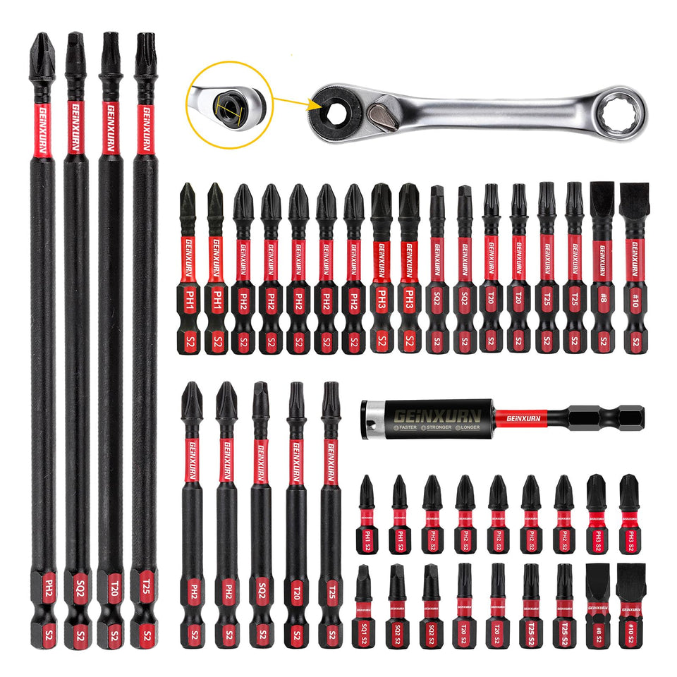 GEINXURN impact tough bits assembly for high-torque tasks and quick bit changes.