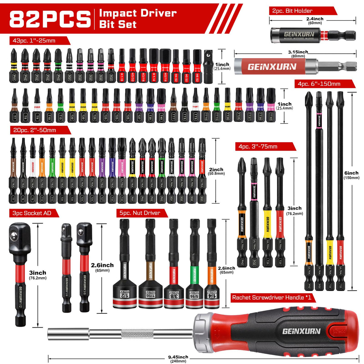 GEINXURN magnetic bit holder keeps bits ready for quick, efficient screw driving.