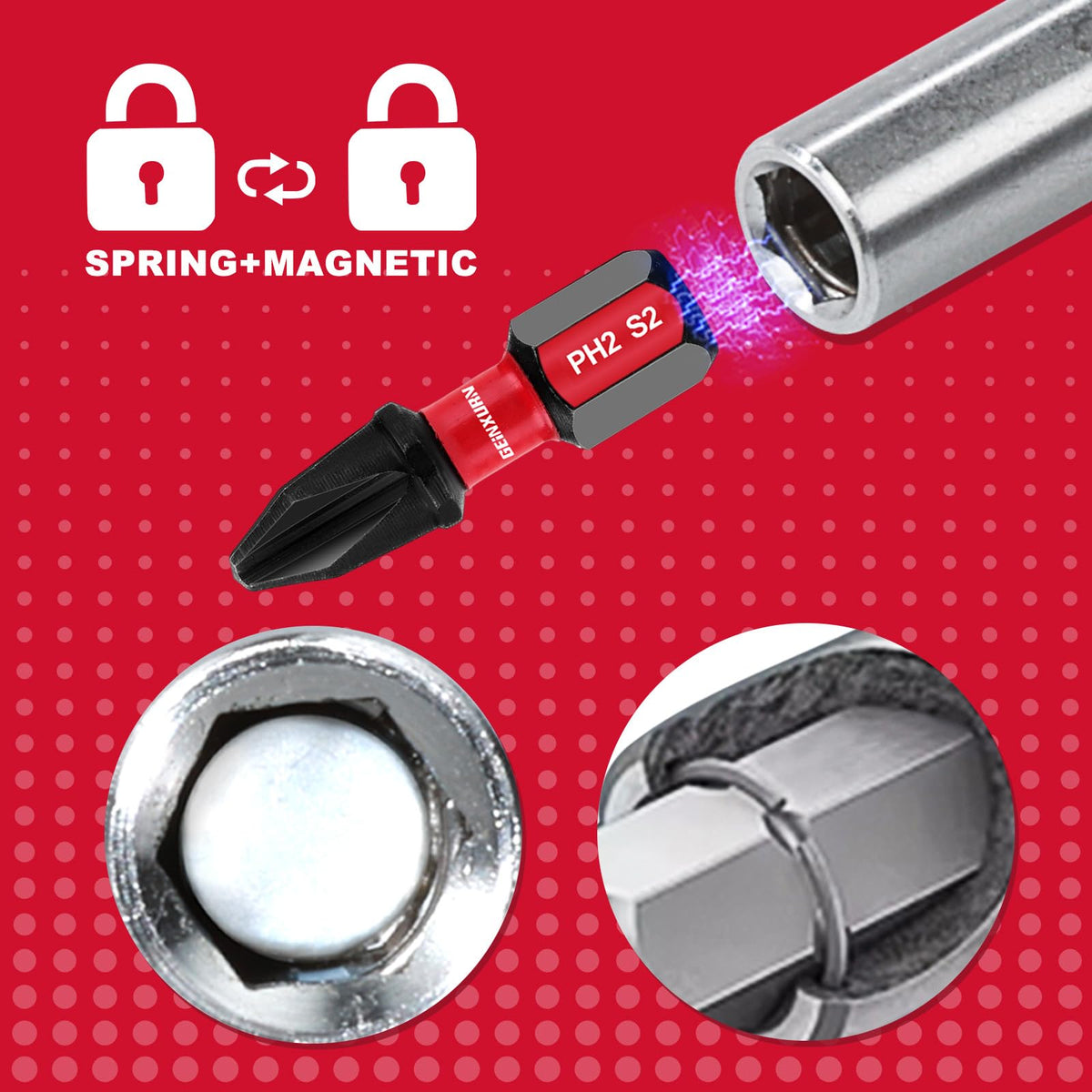 Geinxurn magnetic spring lock holds bits securely reducing wobble during use.