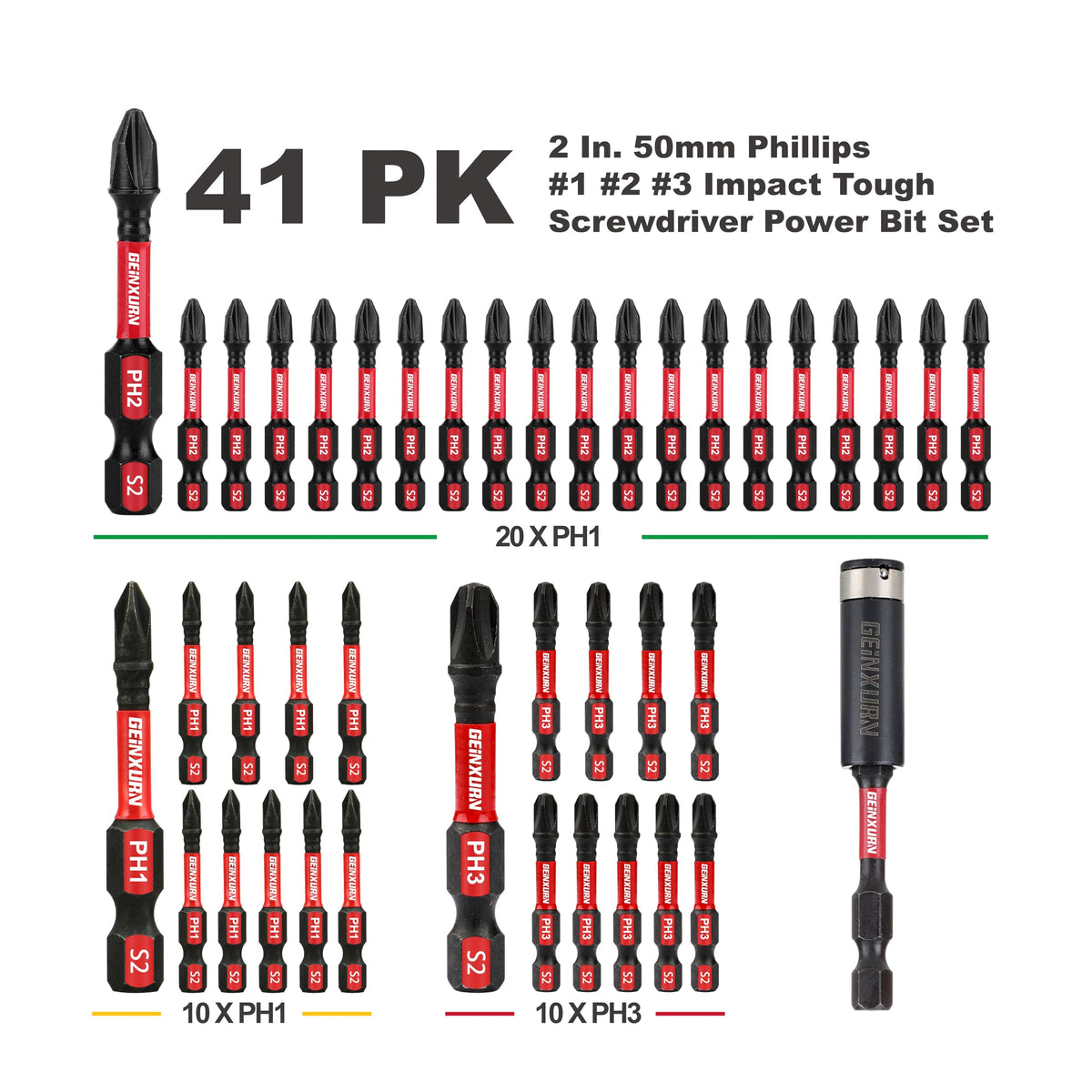 GEINXURN PH1 2in bit with magnetic tip prevents dropped screws.