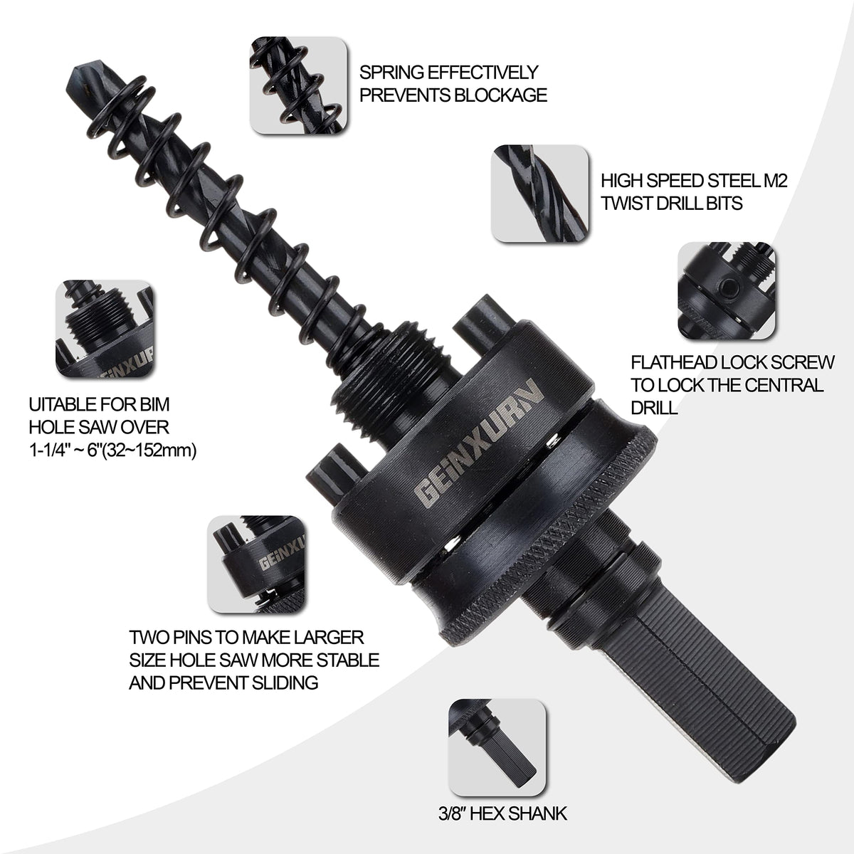 GEINXURN pilot bit 1/4 inch attached to arbor for clean pilot drilling
