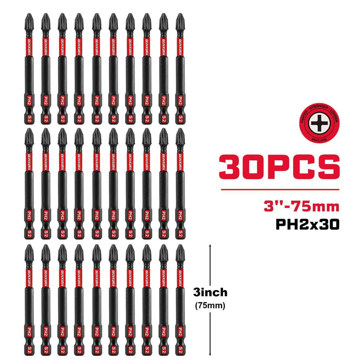 Geinxurn precision-tip PH2 bits ensure a precise fit and reduced cam-out