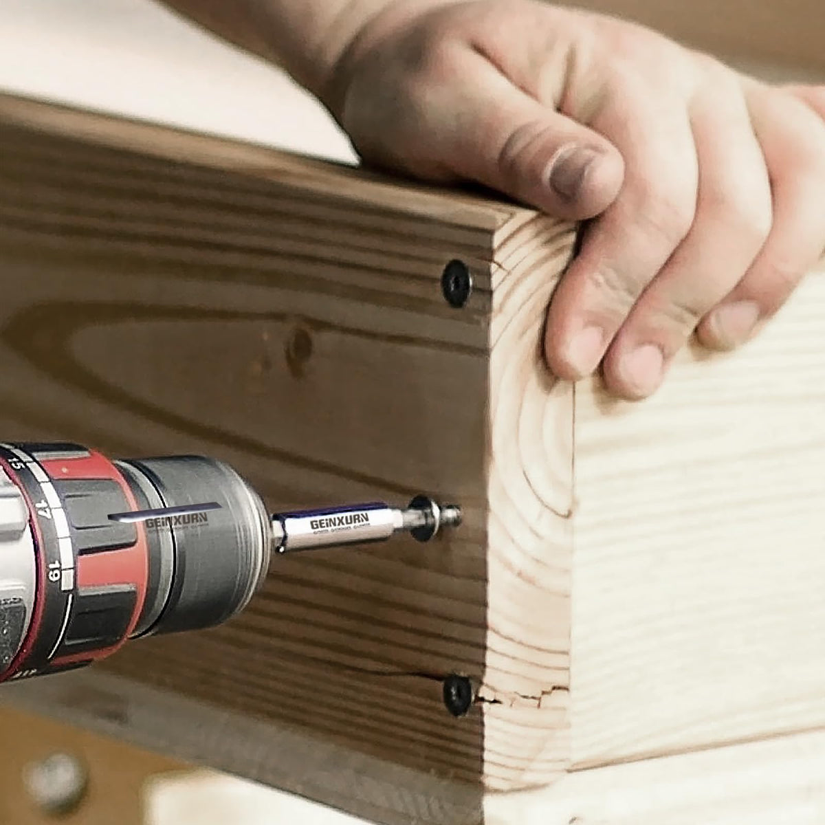 Geinxurn quick change drill guide facilitates easy bit swapping on the job.