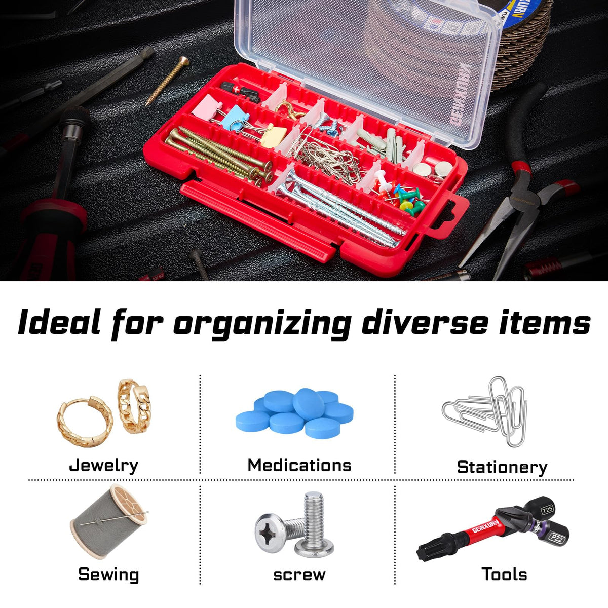 Geinxurn transparent storage box with clear view for quick part recognition.