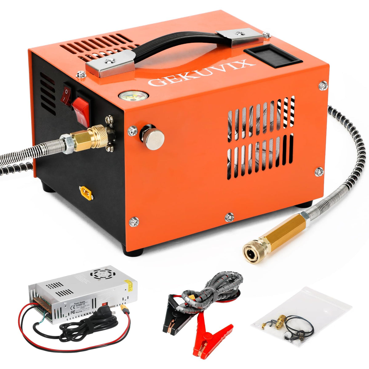 GEKUVIX portable PCP air compressor up to 4500 PSI enables rapid inflation.
