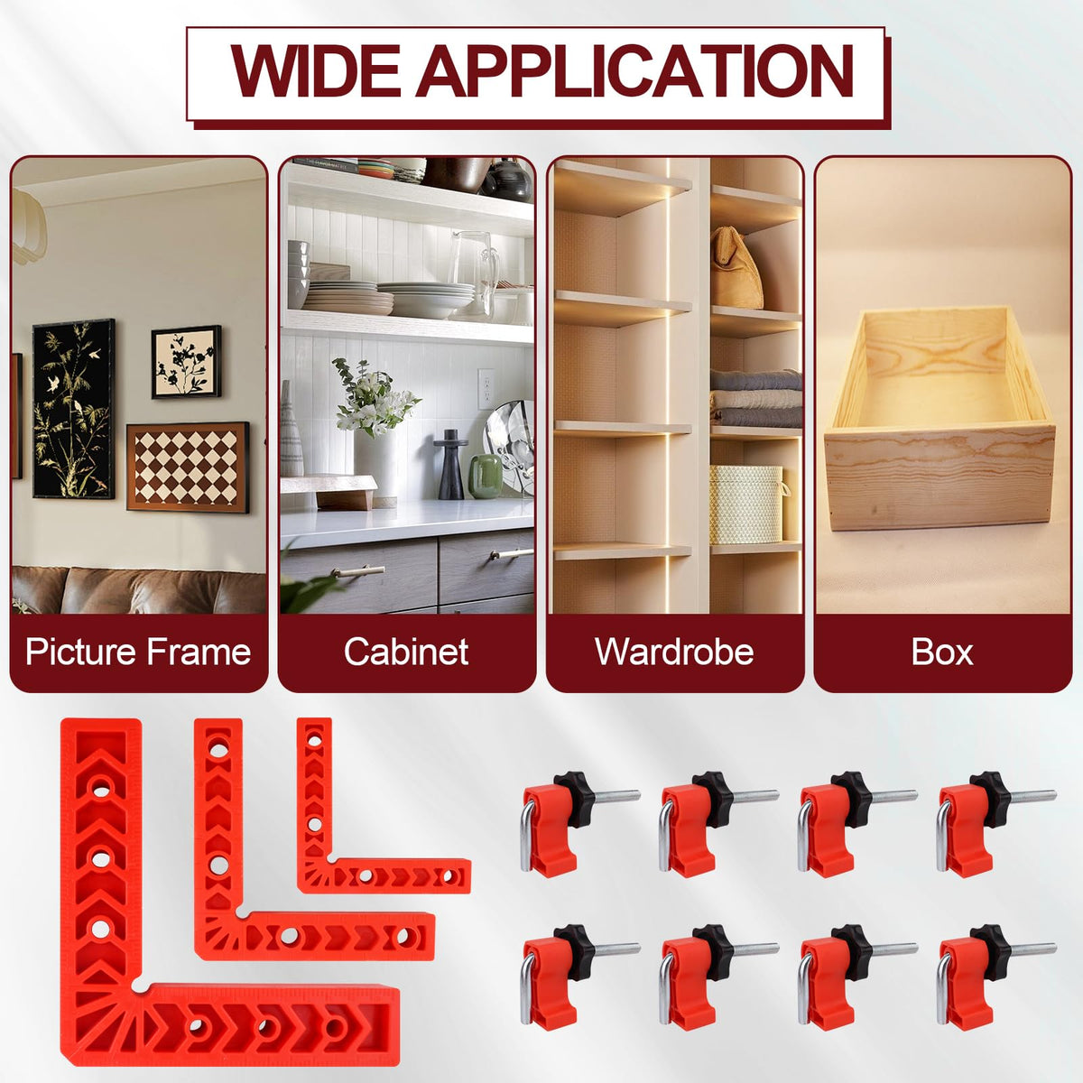GemCity corner clamps help align frames and cabinets at right angles.