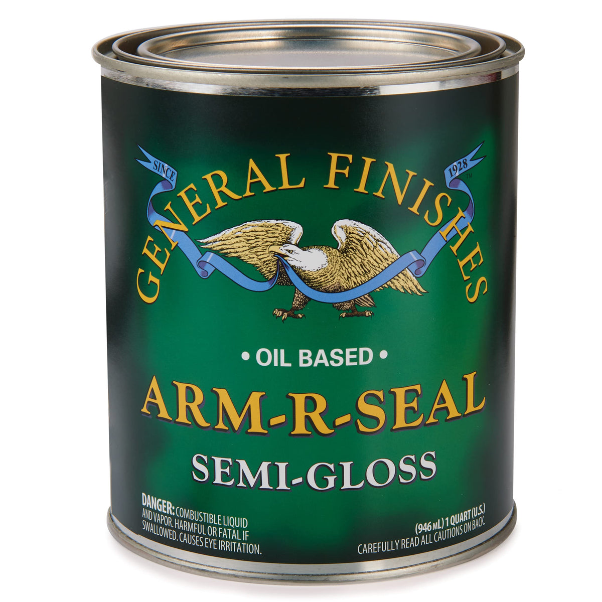 General Finishes Arm-R-Seal topcoat bottle in semi-gloss finish for durable wood protection.