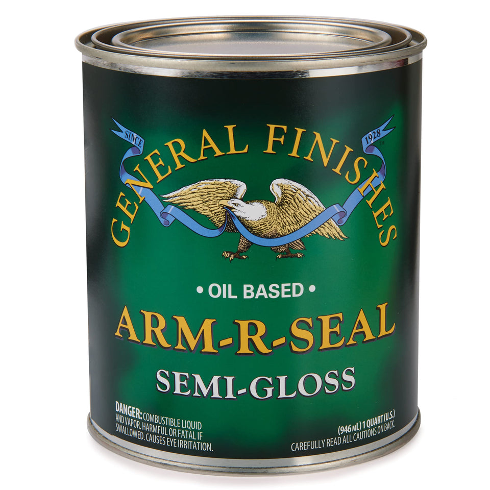 General Finishes Arm-R-Seal topcoat bottle in semi-gloss finish for durable wood protection.
