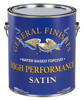 General Finishes High Performance Topcoat satin bottle showing durable water-based finish for furniture.