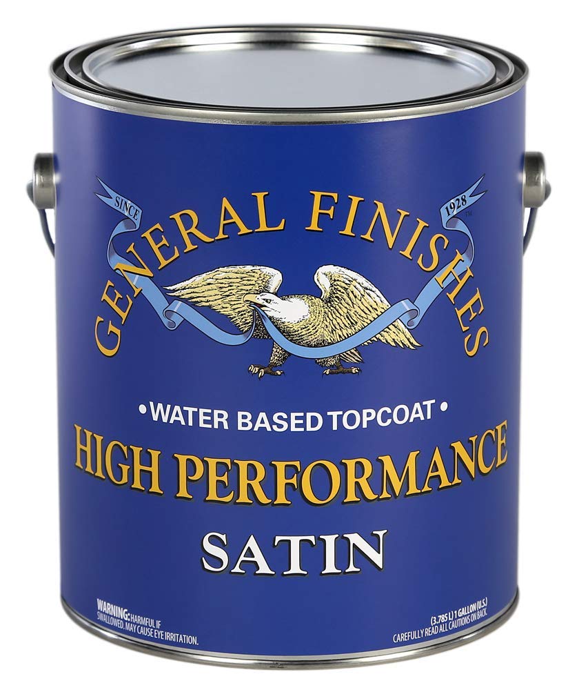 General Finishes High Performance Topcoat satin bottle showing durable water-based finish for furniture.