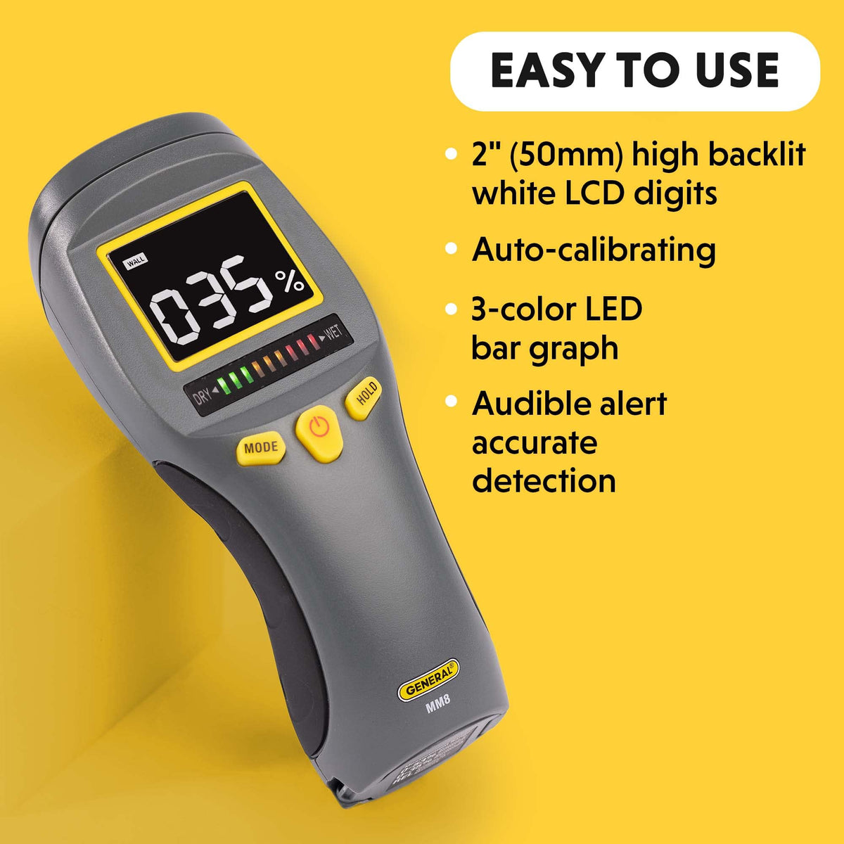 General Tools MM8 pinless sensing probes surface moisture without marks.
