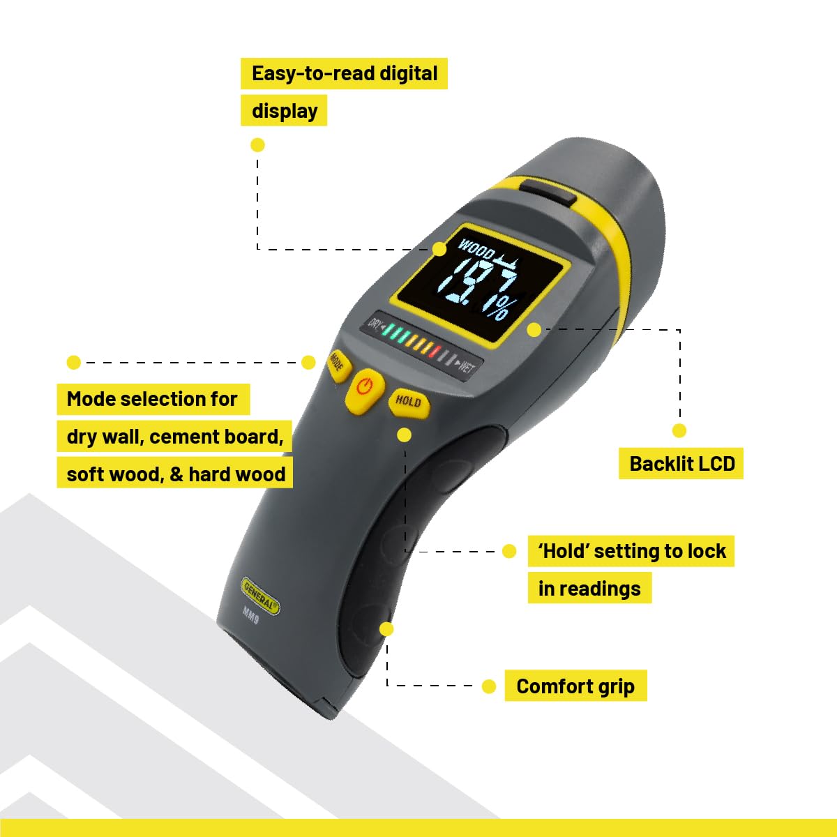 General Tools MM9 data hold button locks readings for easy comparison.