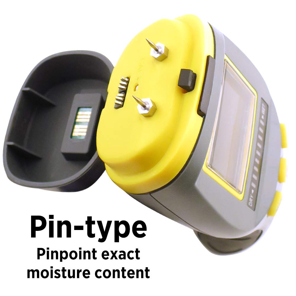 General Tools MM9 pin sensors cap open for targeted moisture readings on framing.
