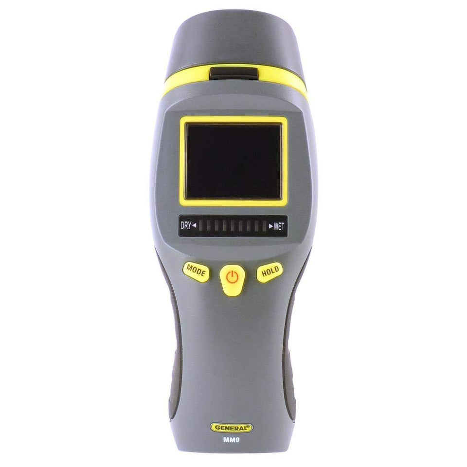 General Tools MM9 pinless pad detects moisture non-destructively in drywall and wood.