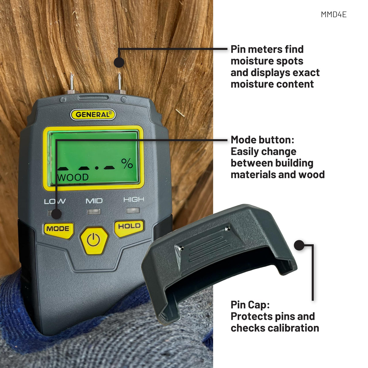 General Tools MMD4E measures moisture in wood, concrete, and drywall with a broad range