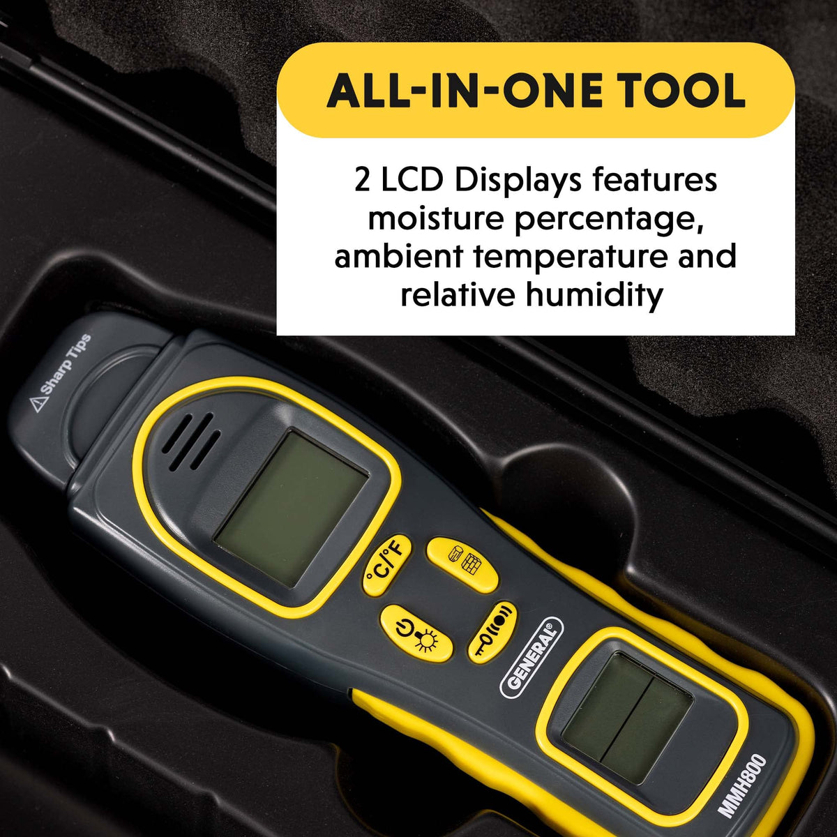 General Tools MMH800 humidity and temperature readout aids informed decisions.