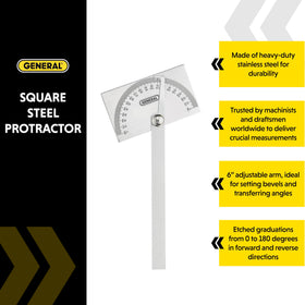 General Tools square head protractor marks 0–180° for versatile angles.