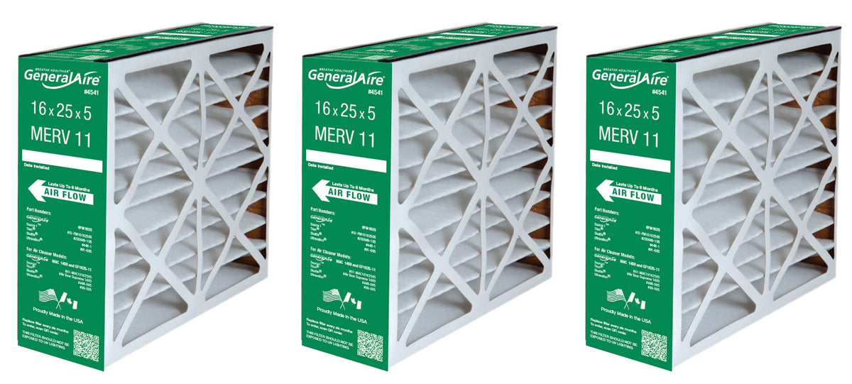 GeneralAire 4541 MERV 11 ReservePro filter pack of 3 for 16x25x5 furnaces improves indoor air quality.