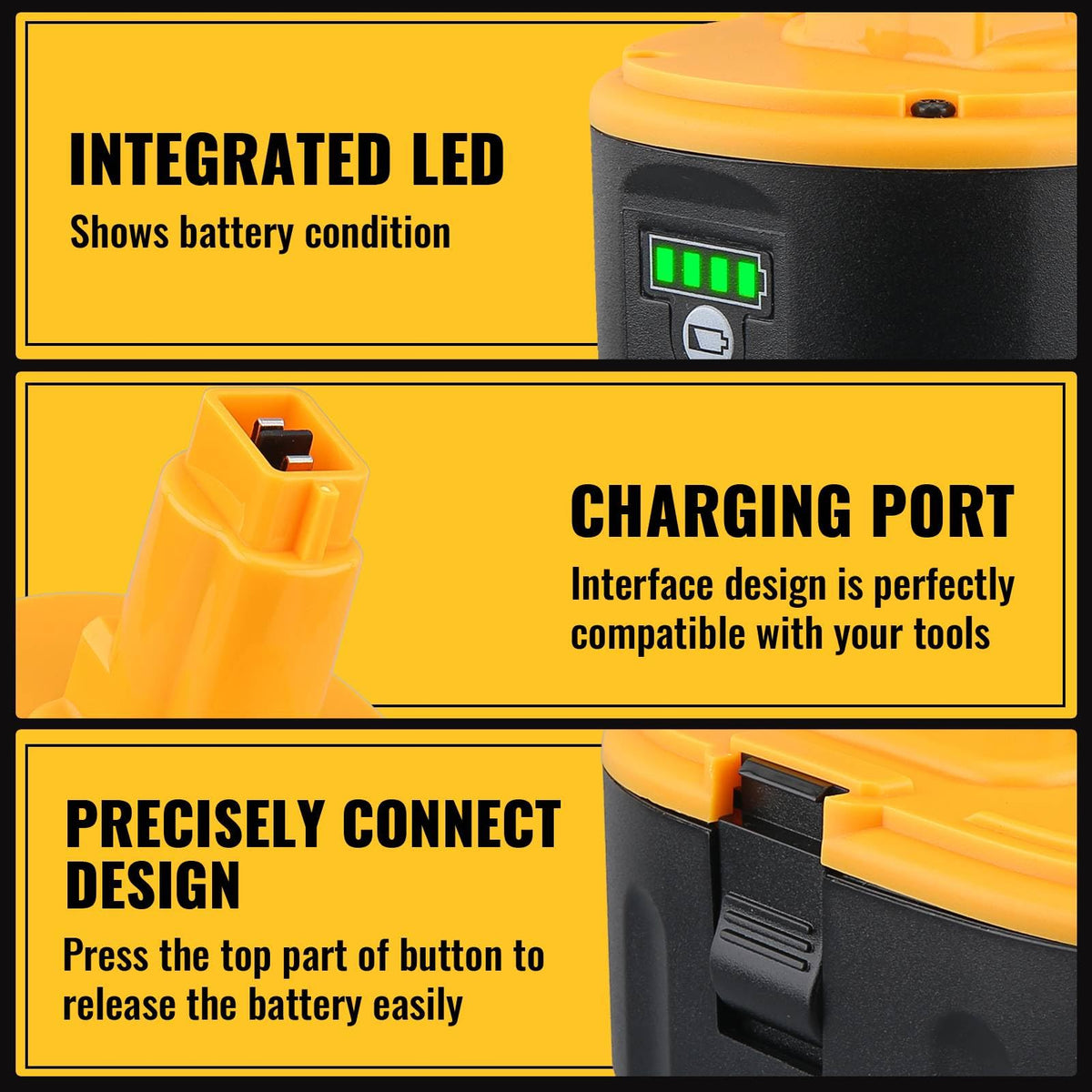 Generic 18V Li-ion battery pack side view suitable for cordless drills and saws