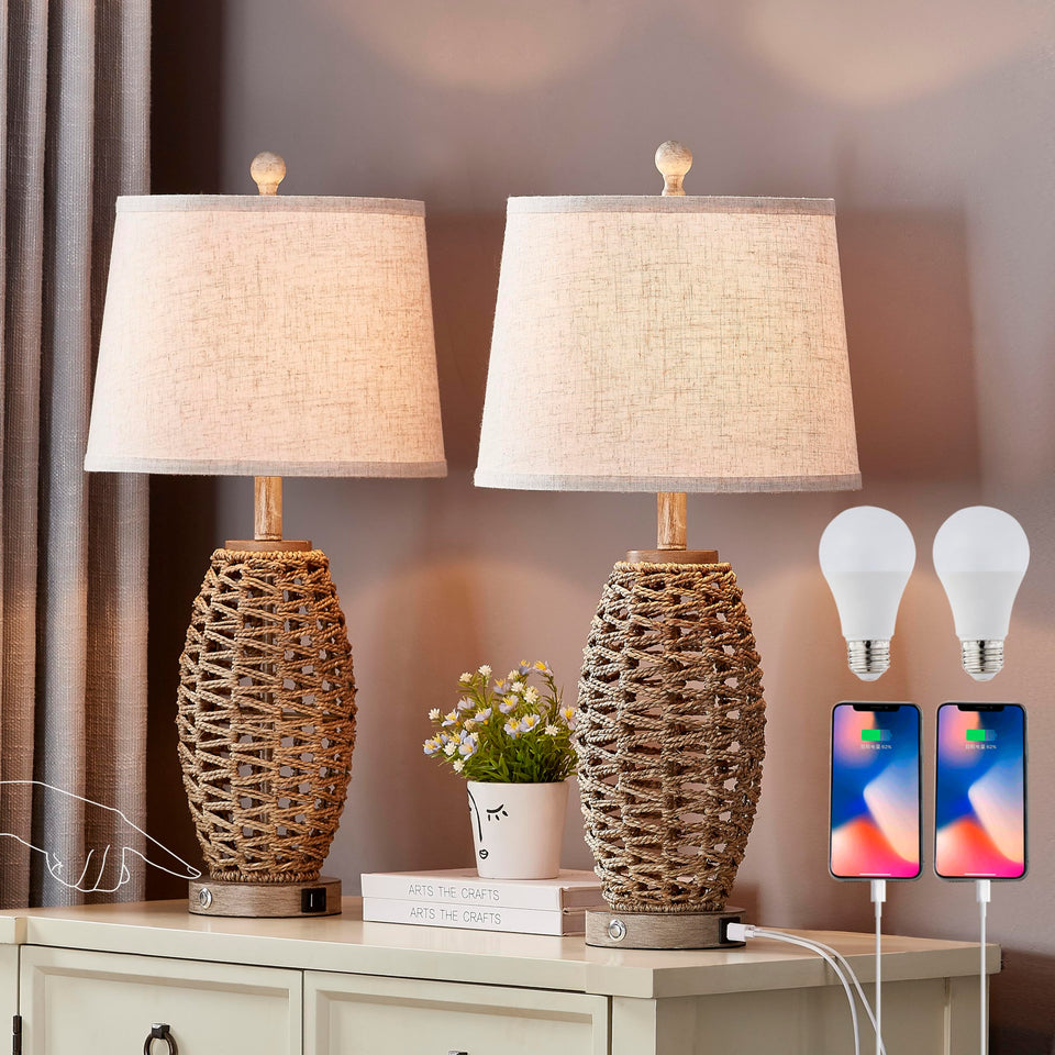 Generic 27-inch natural rattan table lamps set adds rustic elegance for living spaces.