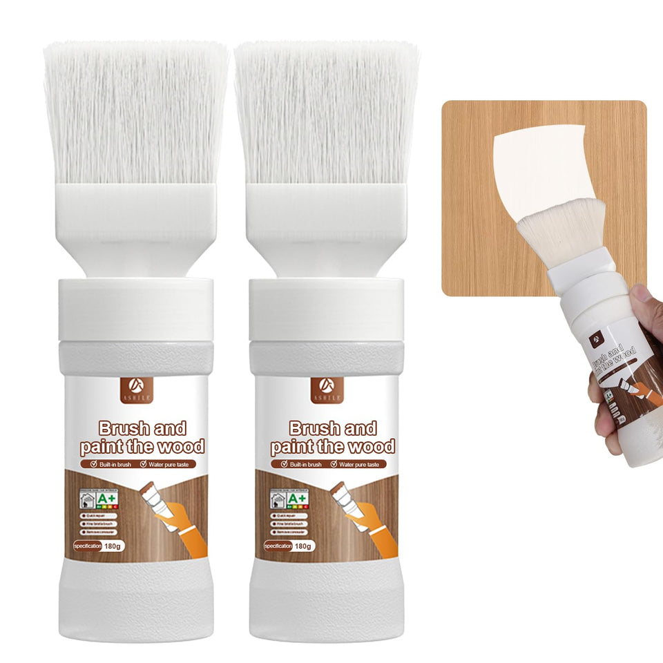 Generic 2in1 white paint bottle for quick wood refinishing with no primer required.