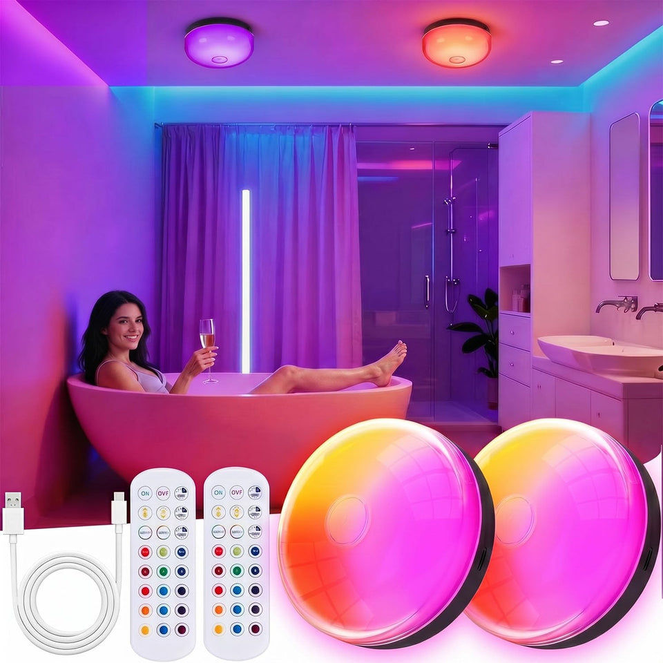 Generic 2PACK LED shower light reveals vibrant color options for mood setting in the bathroom.