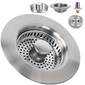 Generic 3-in-1 drain stopper with strainer in brushed stainless steel for kitchen sinks—reduces clogs.