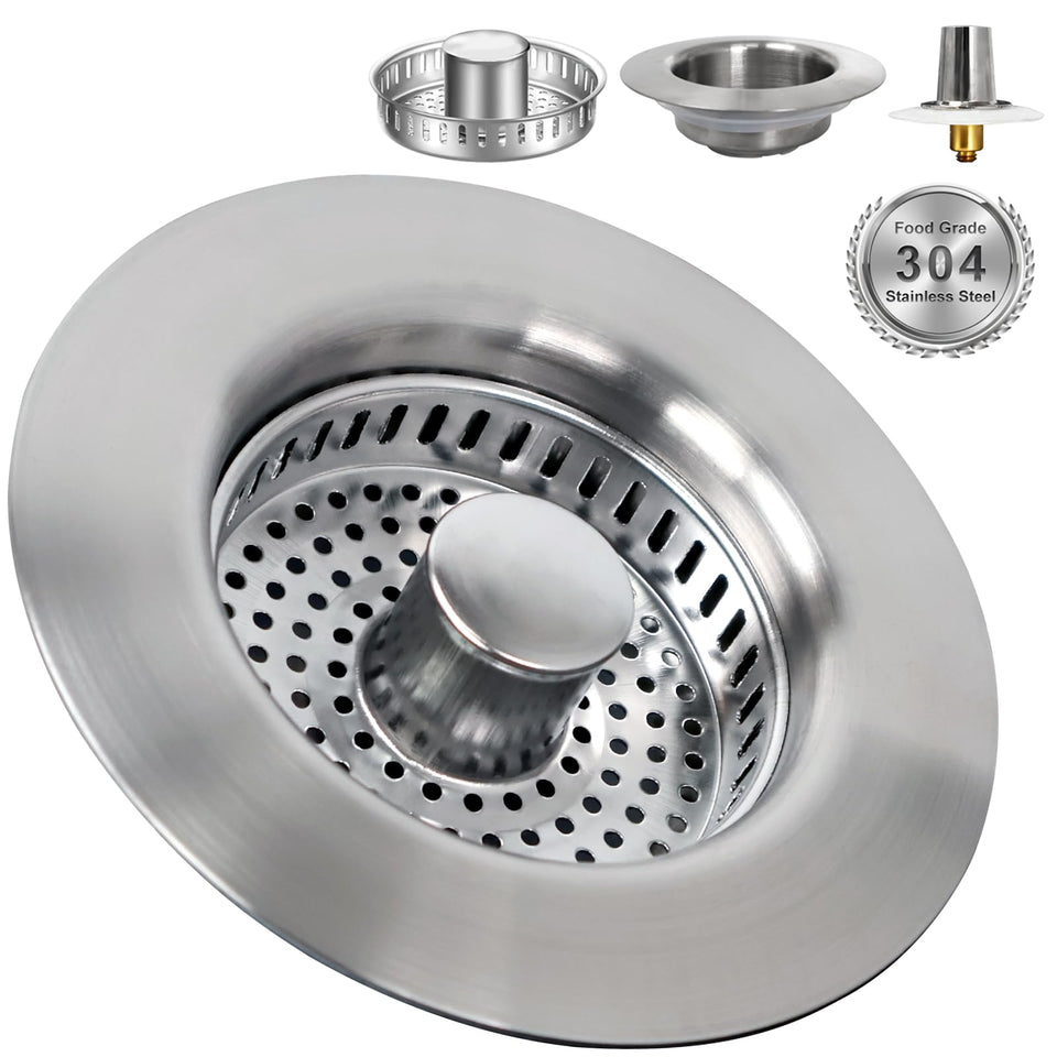Generic 3-in-1 drain stopper with strainer in brushed stainless steel for kitchen sinks—reduces clogs.