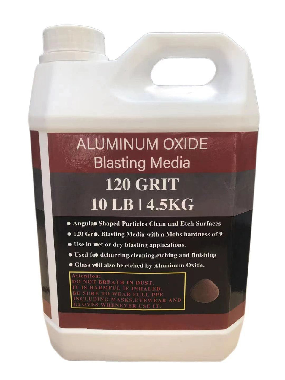Generic Aluminum Oxide 120 Grit bag for dry blasting and deburring.