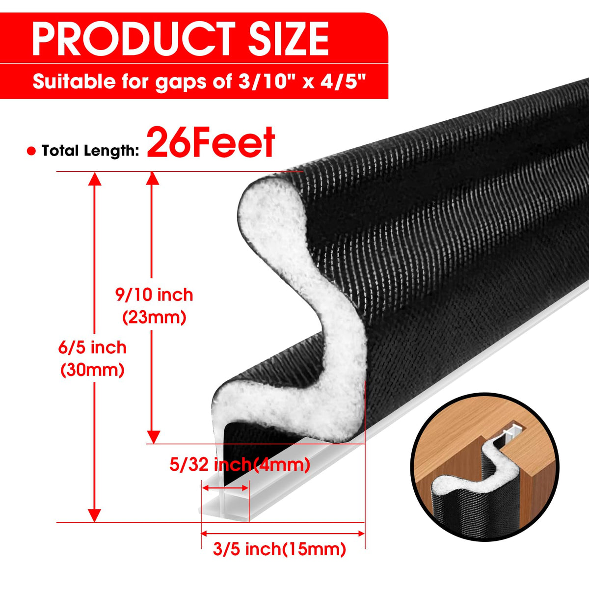 Generic black V-shaped insulation strip emphasizes sealing large gaps around frames