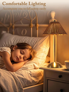 Generic Boho Rattan Table Lamp night light creates a cozy bedroom glow.