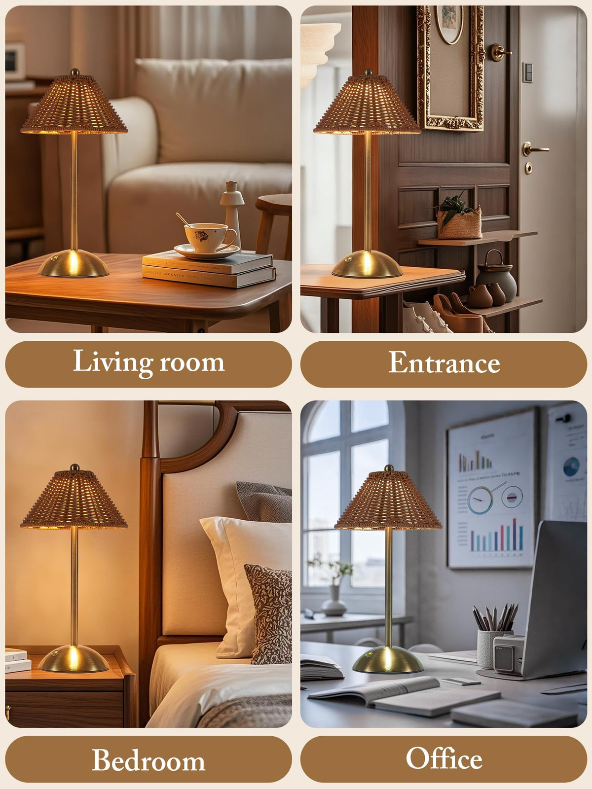 Generic Boho Rattan Table Lamp portable with long battery life.
