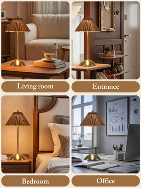 Generic Boho Rattan Table Lamp portable with long battery life.