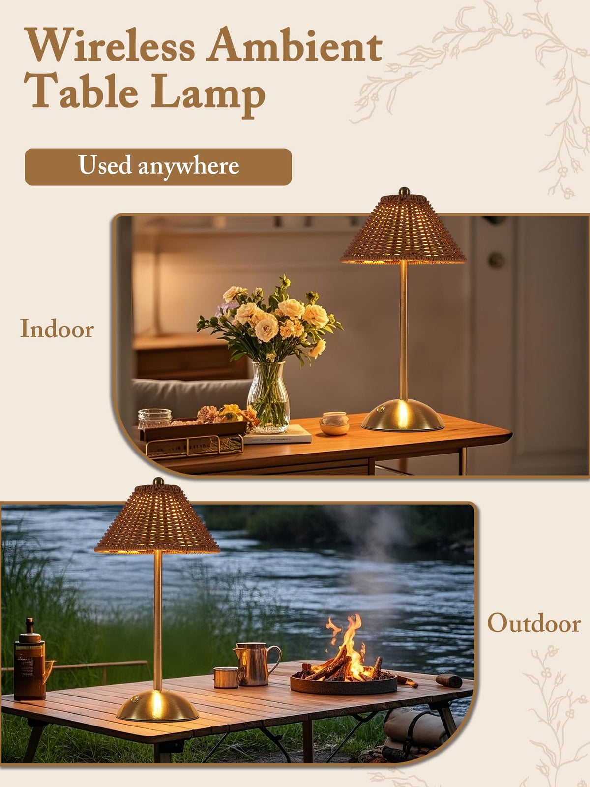 Generic Boho Rattan Table Lamp soft glow enhances living room ambience.