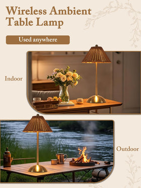 Generic Boho Rattan Table Lamp soft glow enhances living room ambience.