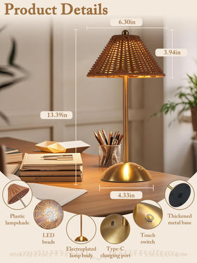 Generic Boho Rattan Table Lamp USB-C charging keeps devices ready.