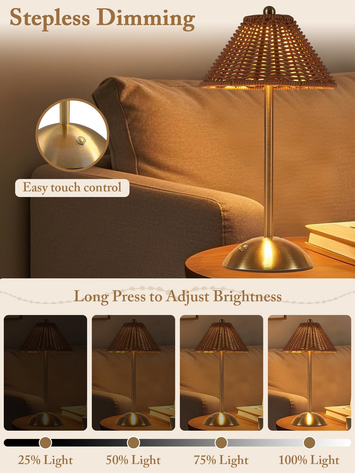 Generic Boho Rattan Table Lamp wireless charging base eliminates cords.