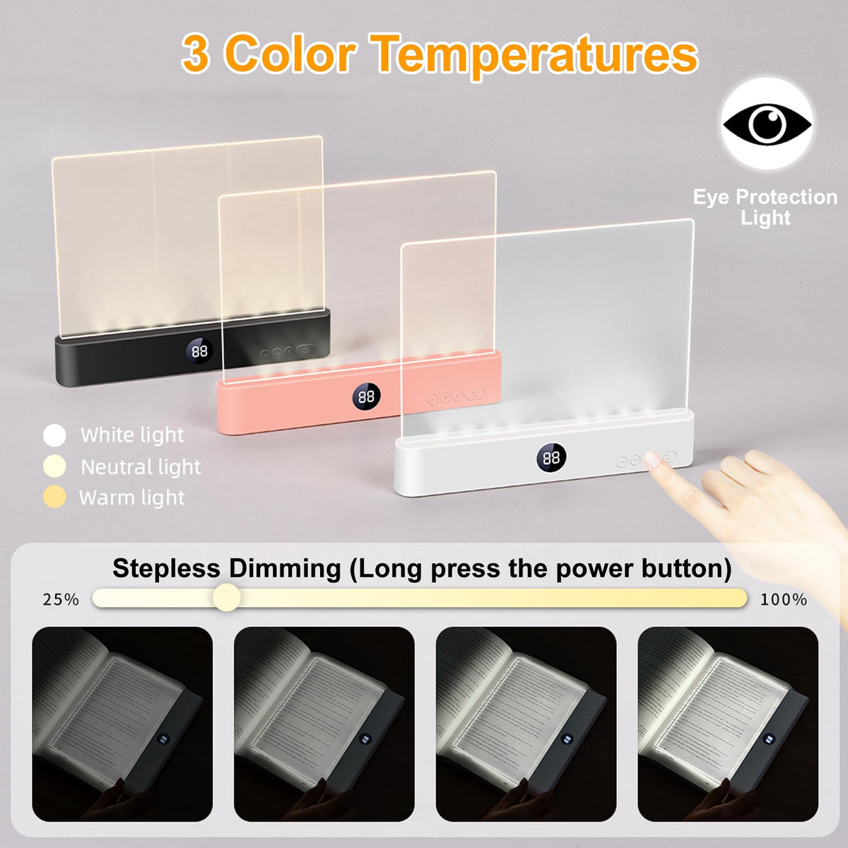 Generic Book Light stepless dimming for precise brightness control.