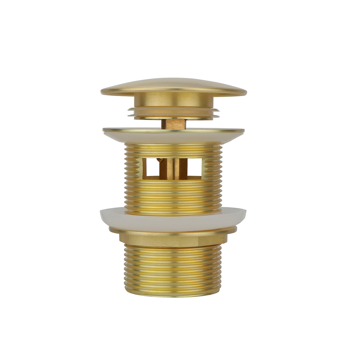 Generic brass freestanding tub drain cover in brushed gold enabling easy press-to-open closure for fast water control.