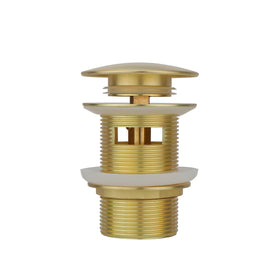 Generic brass freestanding tub drain cover in brushed gold enabling easy press-to-open closure for fast water control.
