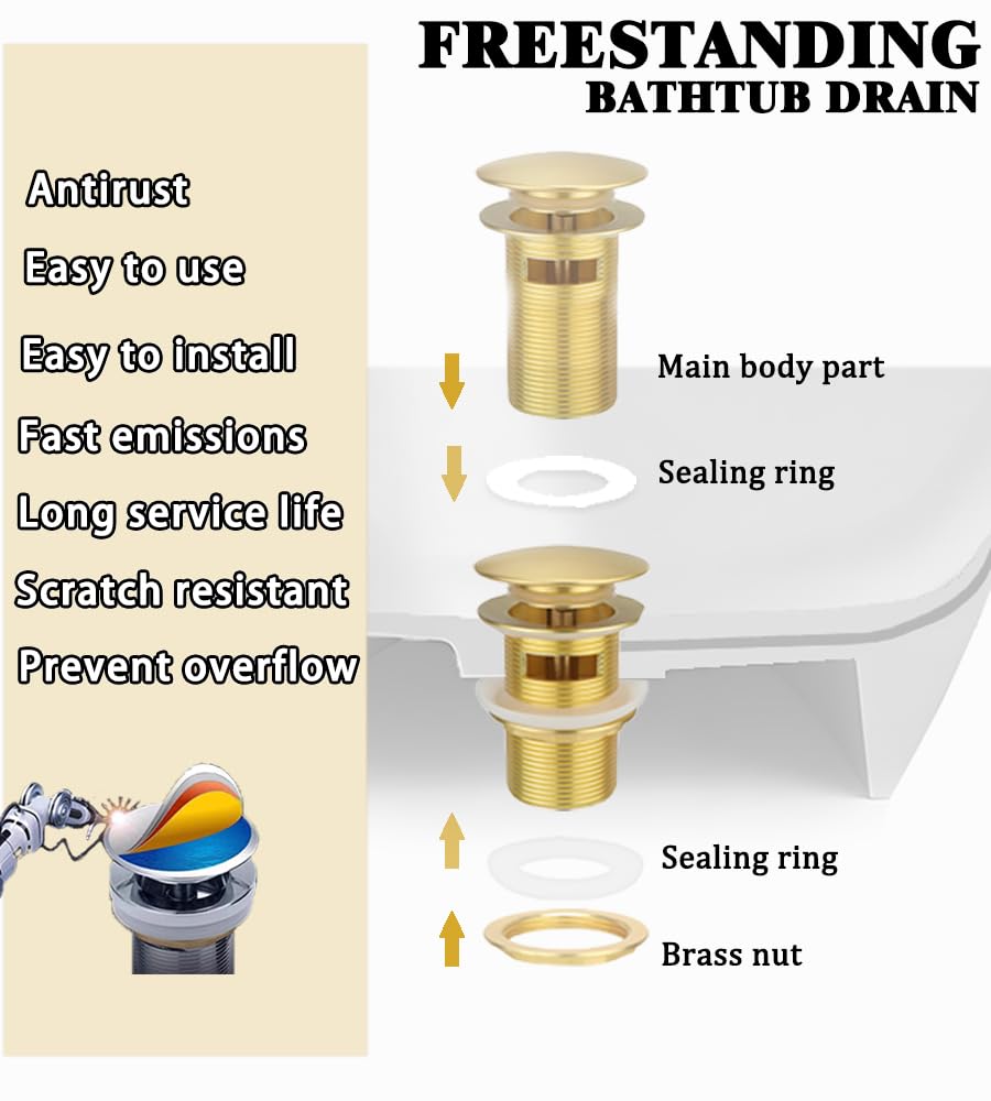 Generic solid-brass bathtub drain body demonstrates sturdy construction and rust resistance for humid bathrooms.