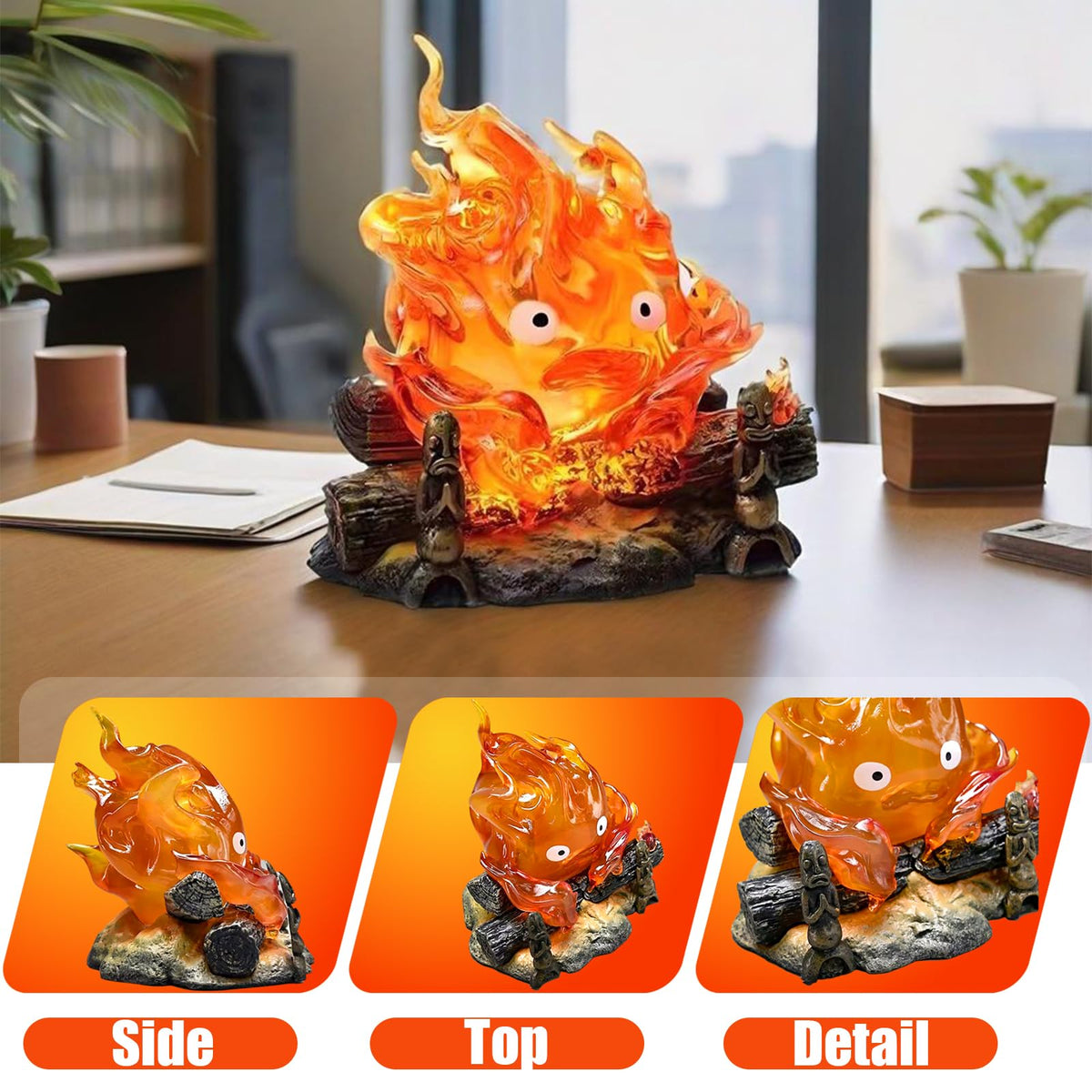 Calcifer night light on desk offers cozy brightness for reading and study