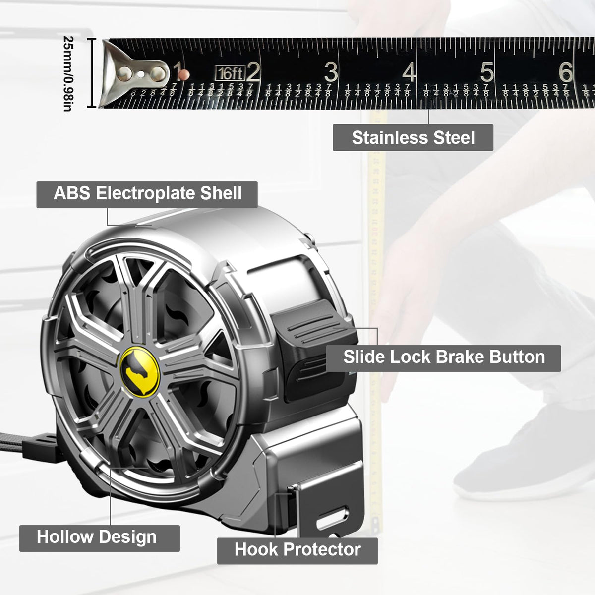 Generic carpenter tape measure with non-slip handle for better grip.